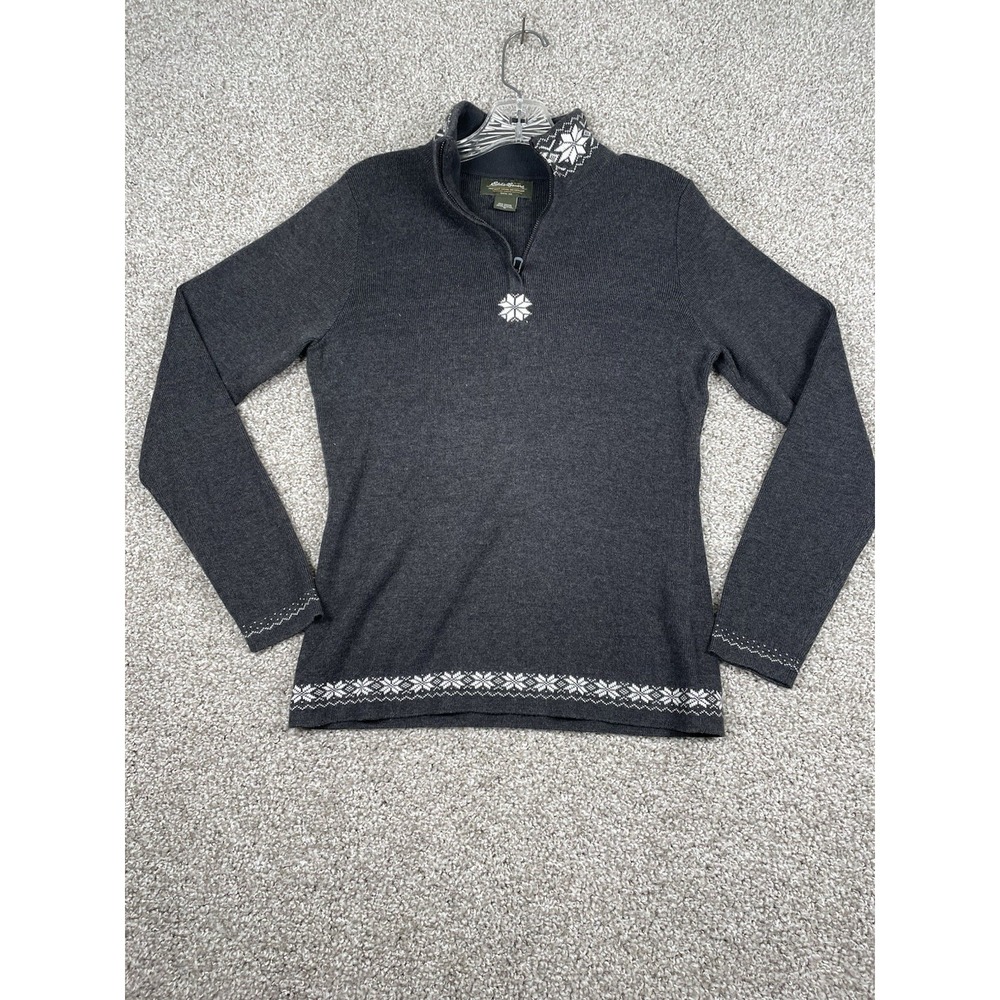Eddie Bauer Fair Isle 1/4 Zip Charcoal Gray Sweater Snowflake Womens Sz Medium
